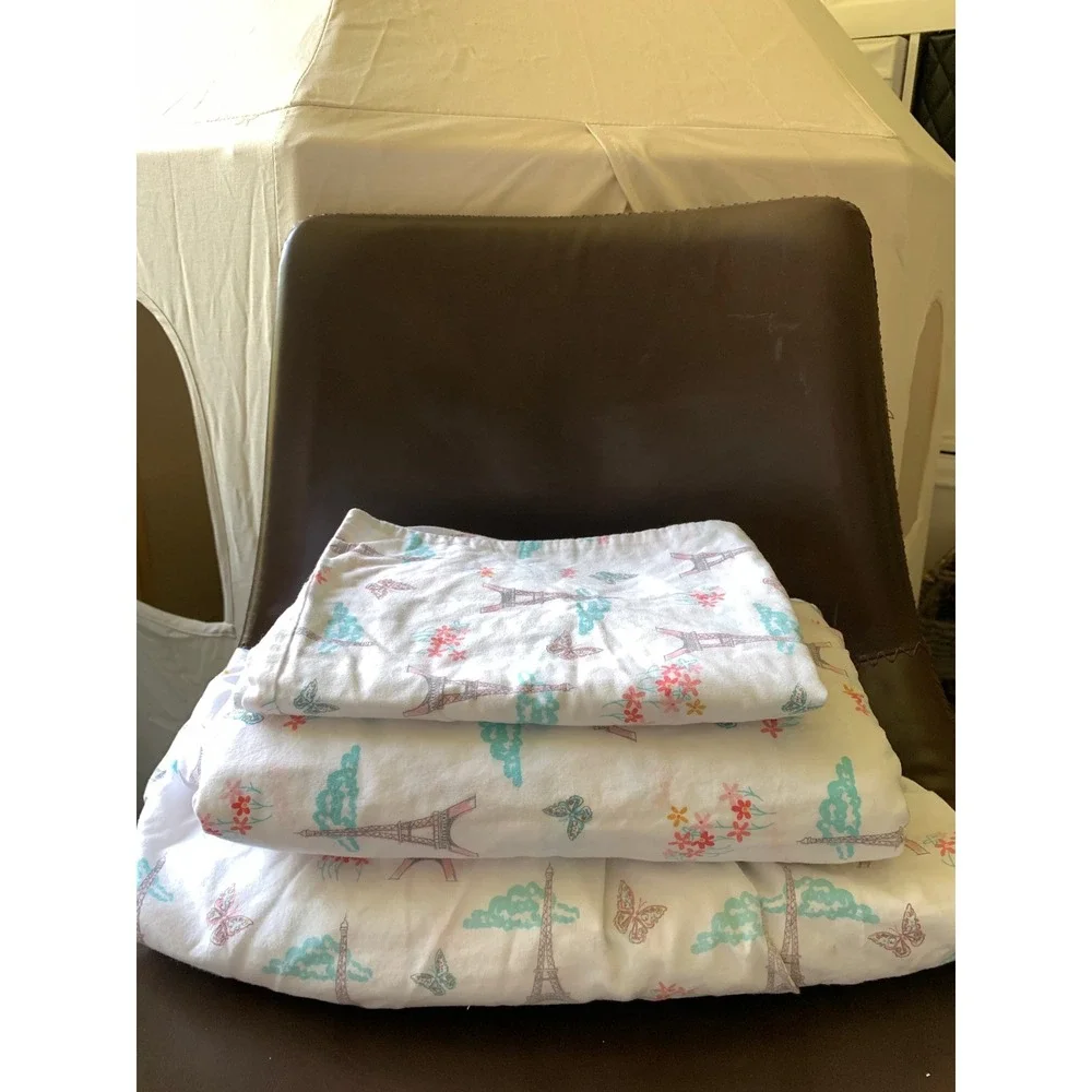 Your Zone Paris Eiffel Tower Butterfly Twin XL Cotton Sheet Set White Pink‎ Teal